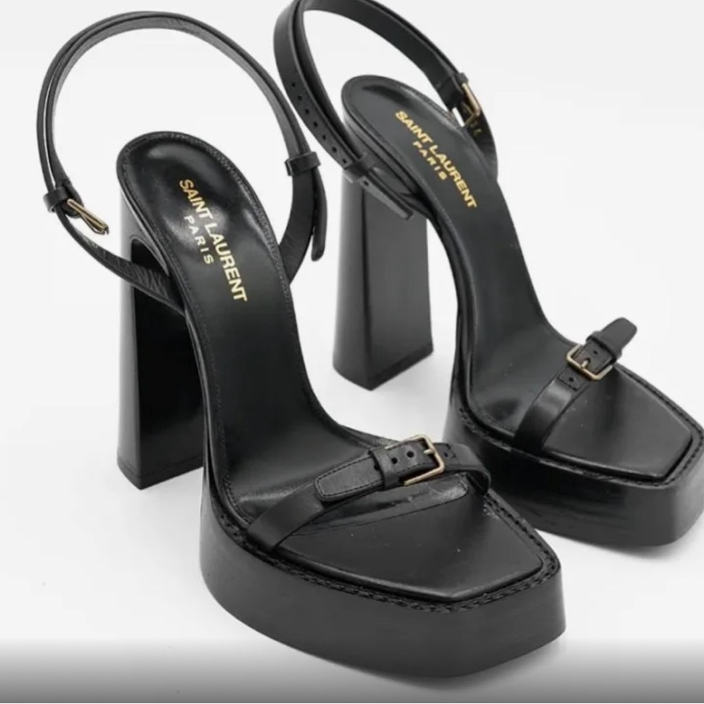 Saint Laurent Black Leather Carine Platforms with Gold buckle Size 37